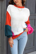 Angel Wings Color Block Round Neck Drop Shoulder Sweater - Hovatok