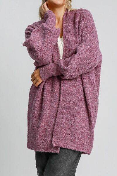 Umgee Full Size Wool Blend Open Front Lantern Sleeve Cardigan Plus Size - Hovatok