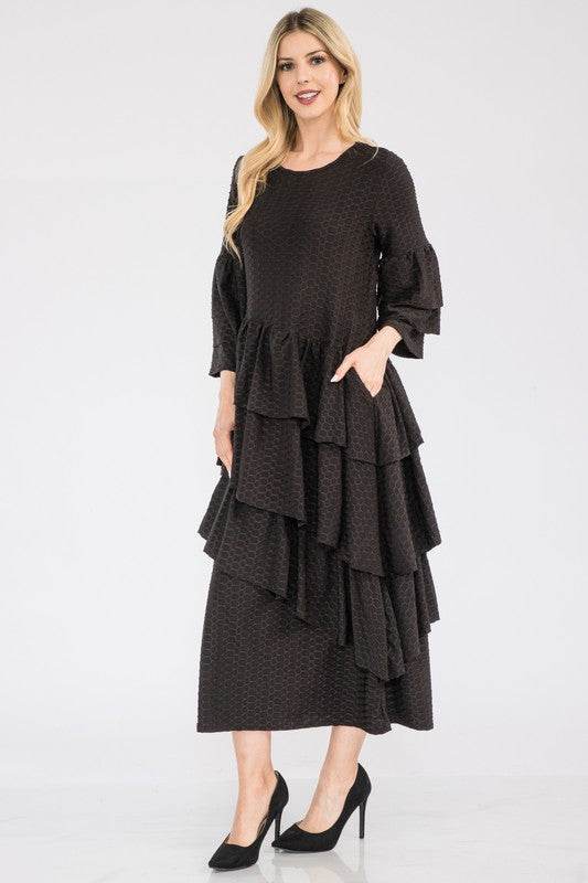 Celeste Full Size Honey Comb Asymmetrical Ruffle Midi Dress Plus Size - Hovatok