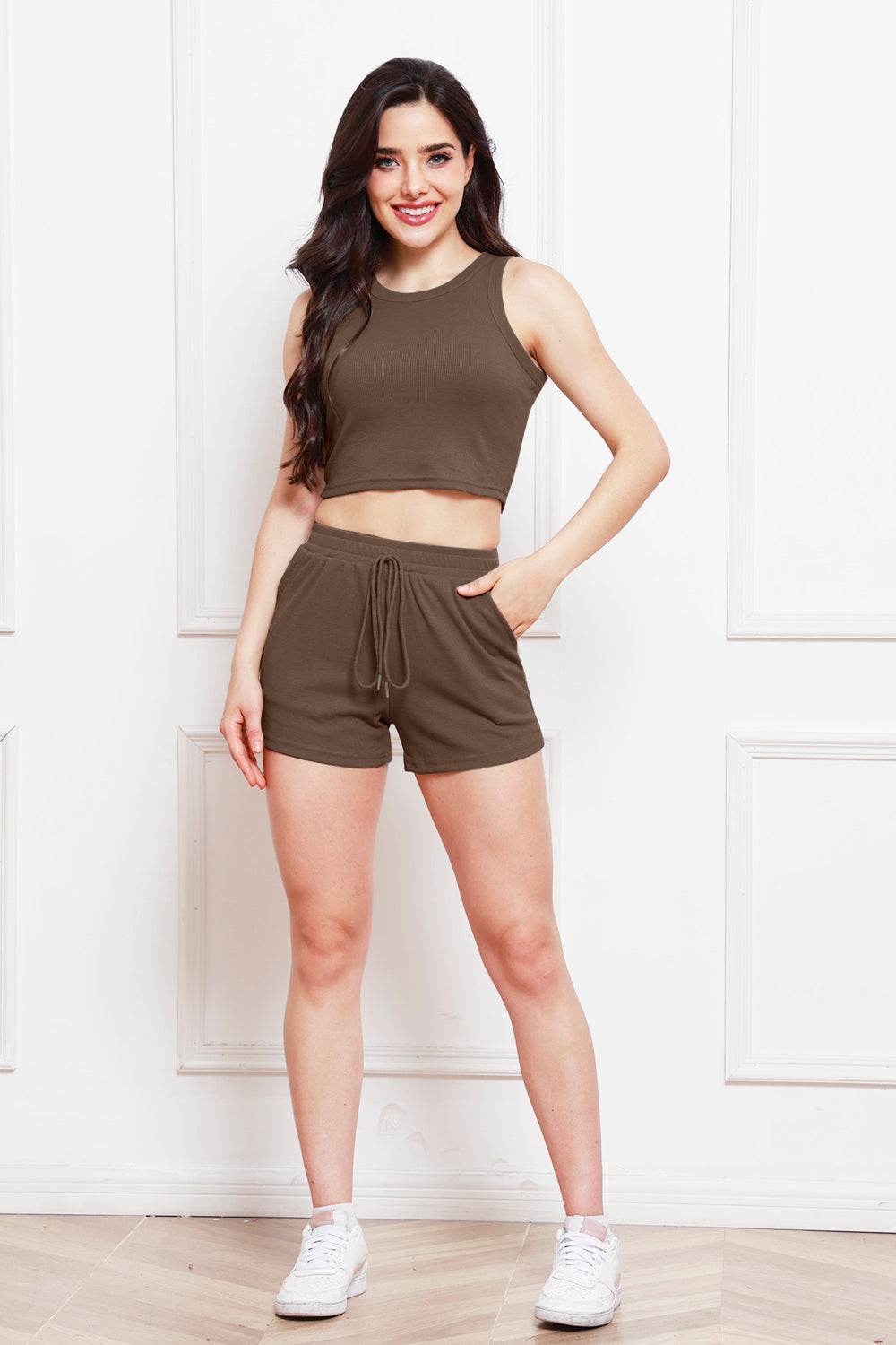 Round Neck Tank and Drawstring Shorts Set - Hovatok
