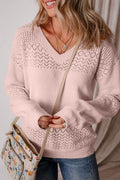 Openwork V-Neck Long Sleeve Sweater - Hovatok