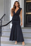 Ruched Plunge Sleeveless Maxi Dress - Hovatok