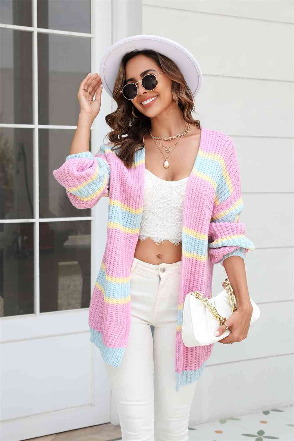 Angel Wings Color Block Ribbed Dropped Shoulder Open Front Cardigan - Hovatok