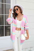 Angel Wings Color Block Ribbed Dropped Shoulder Open Front Cardigan - Hovatok