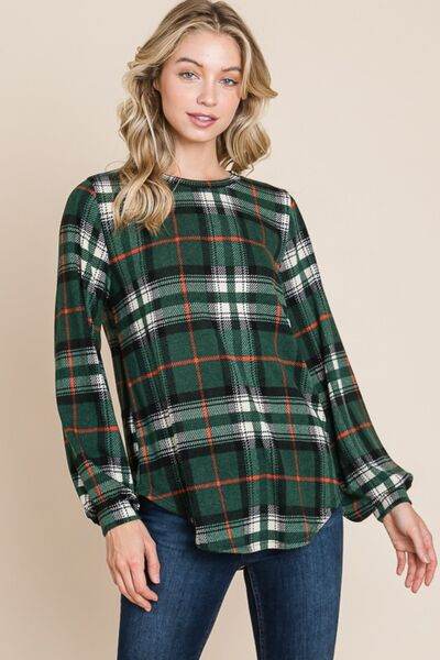 BOMBOM Curved Hem Plaid Round Neck Long Sleeve Top - Hovatok