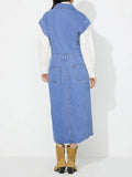 Slit Half Button Collared Neck Cap Sleeve Denim Dress - Hovatok