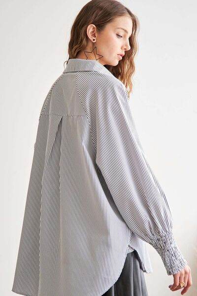 ADORA High-Low Striped Button Down Smocked Lantern Sleeve Shirt - Hovatok
