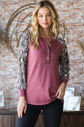Heimish Full Size Snakeskin Print Raglan Sleeve Half Button Top - Hovatok