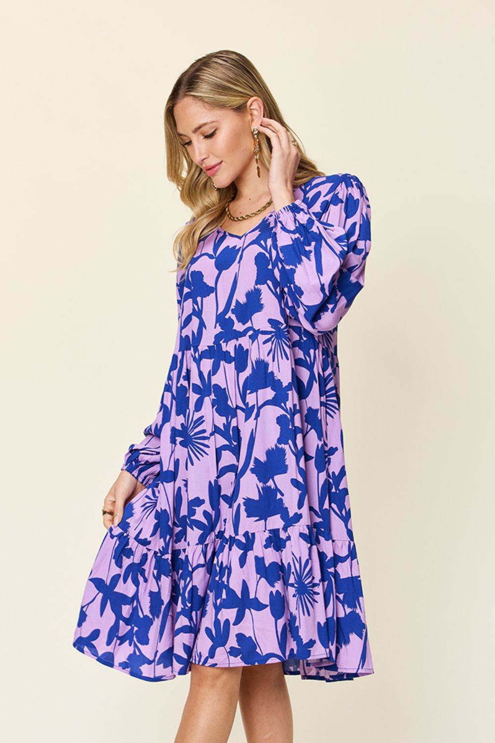 Double Take Full Size Printed Ruffle Hem Dress with Pocket - Hovatok