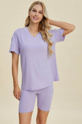 Basic Bae Full Size Ribbed V-Neck Short Sleeve Top and Shorts Set - Hovatok