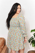 Honey Floral Smocked Flounce Sleeve Square Neck Dress - Hovatok