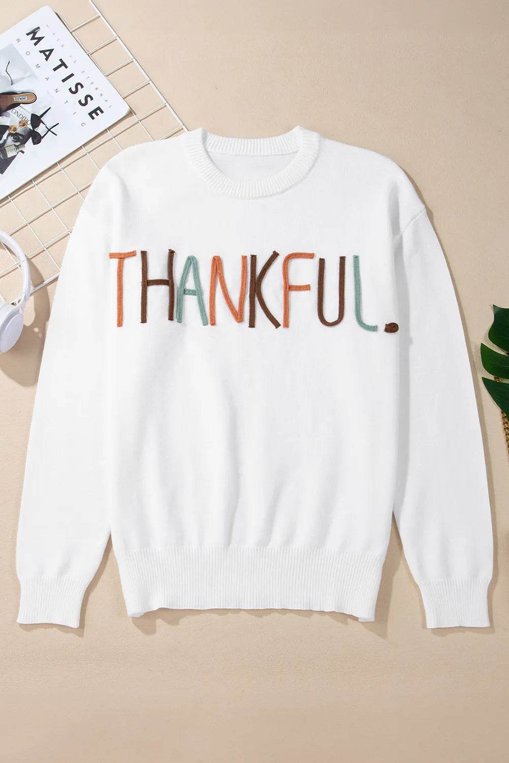THANKFUL Round Neck Long Sleeve Knit Top - Hovatok