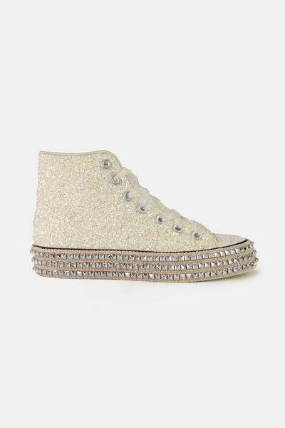 Beast Fashion Glitter Lace-Up Studded Platform Sneakers - Hovatok