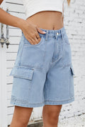 High Rise Denim Shorts with Cargo Pockets - Hovatok