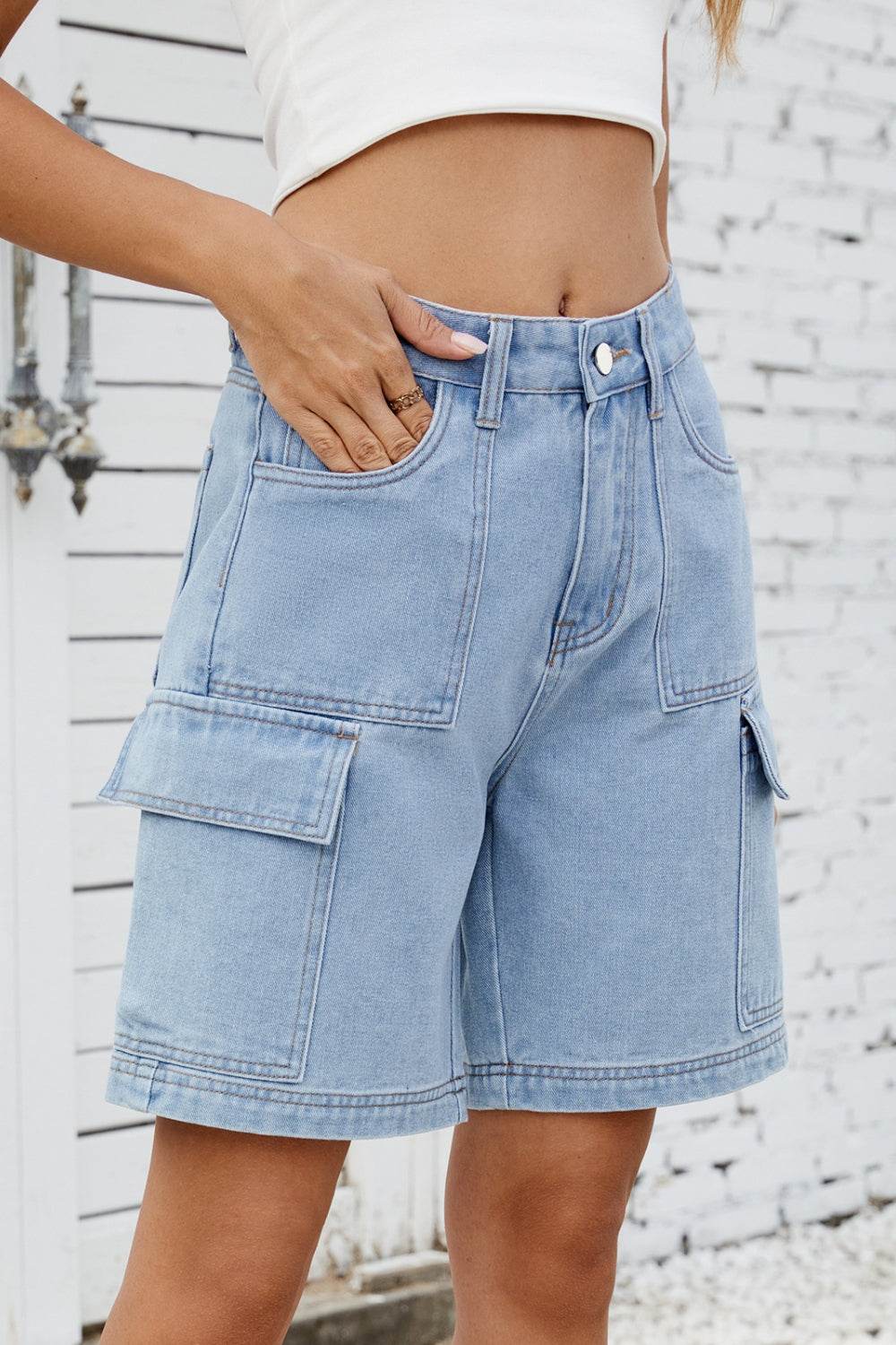 High Rise Denim Shorts with Cargo Pockets - Hovatok