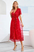 Sequin Leaf Embroidery Tie Front Short Sleeve Dress - Hovatok