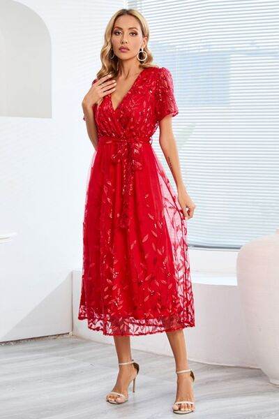 Sequin Leaf Embroidery Tie Front Short Sleeve Dress - Hovatok