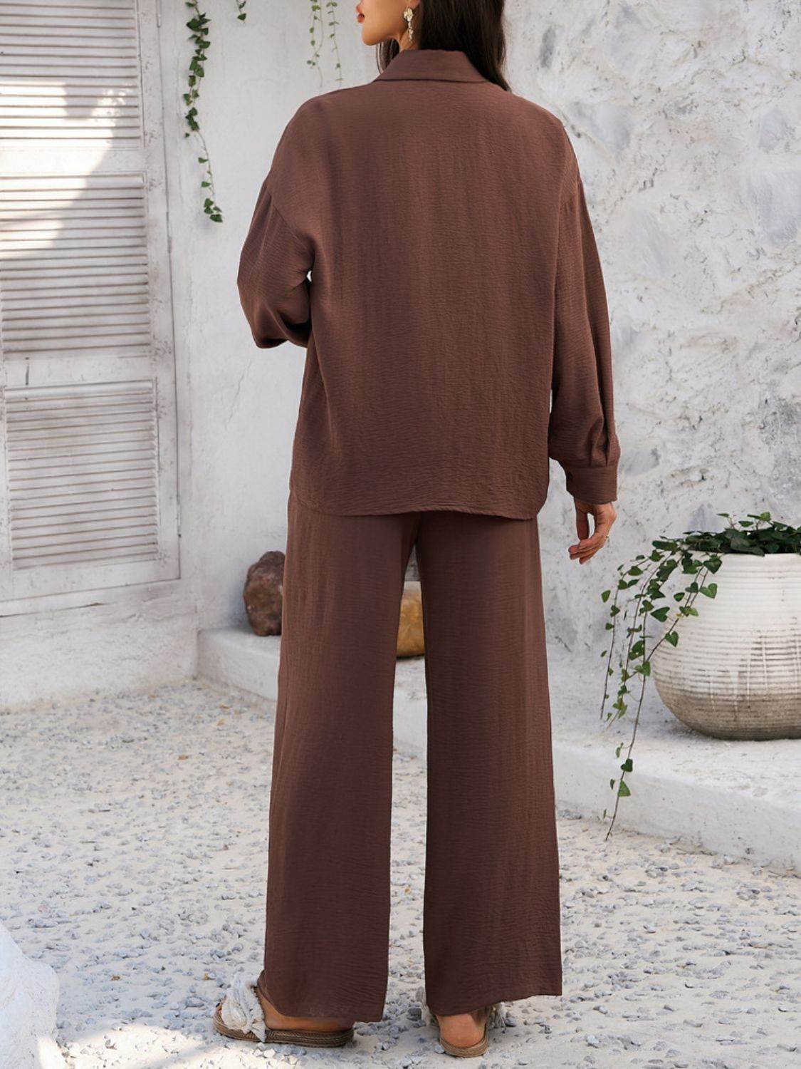 Devine Collared Neck Long Sleeve Top and Pants Set - Hovatok