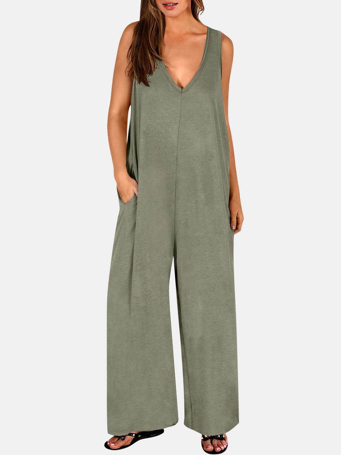 Full Size V-Neck Wide Strap Jumpsuit - Hovatok
