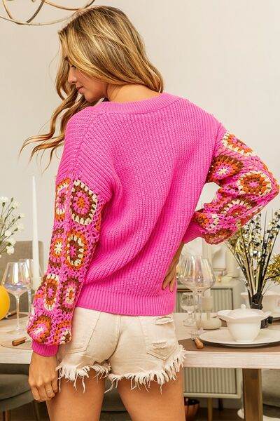 BiBi V-Neck Crochet Long Sleeve Sweater - Hovatok