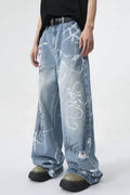 Mid Rise Graffiti Print Distressed Wide Leg Jeans - Hovatok