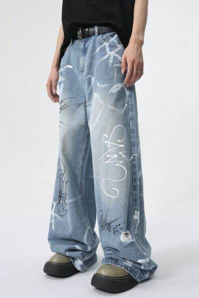 Mid Rise Graffiti Print Distressed Wide Leg Jeans - Hovatok