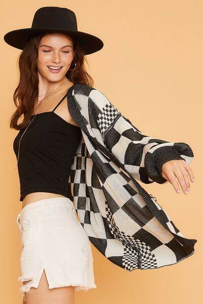 Annie Wear Checkered Open Front Drop Shoulder Cardigan - Hovatok