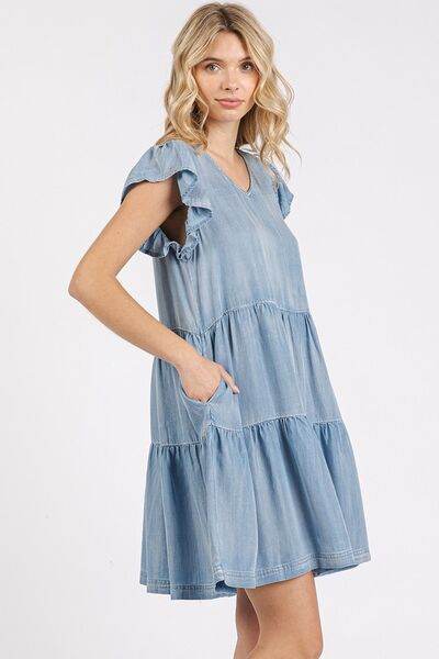Mittoshop V-Neck Ruffled Cap Sleeve Mini Dress - Hovatok