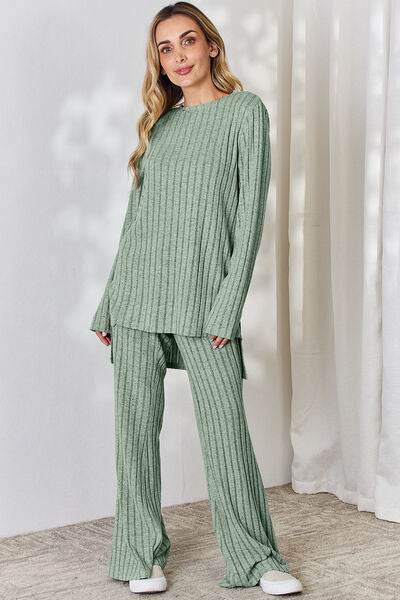 Basic Bae Full Size Ribbed High-Low Top and Wide Leg Pants Set - Hovatok