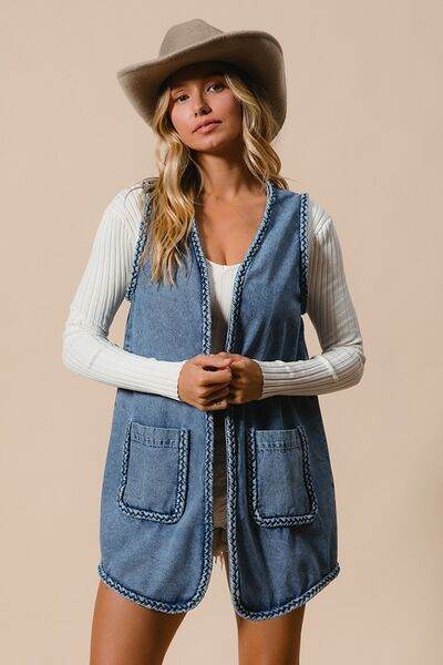 BiBi Braided Trim Open Front Denim Vest with Pockets - Hovatok