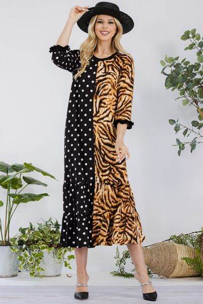Celeste Full Size Polka Dot & Leopard Round Neck Midi Dress Plus Size - Hovatok
