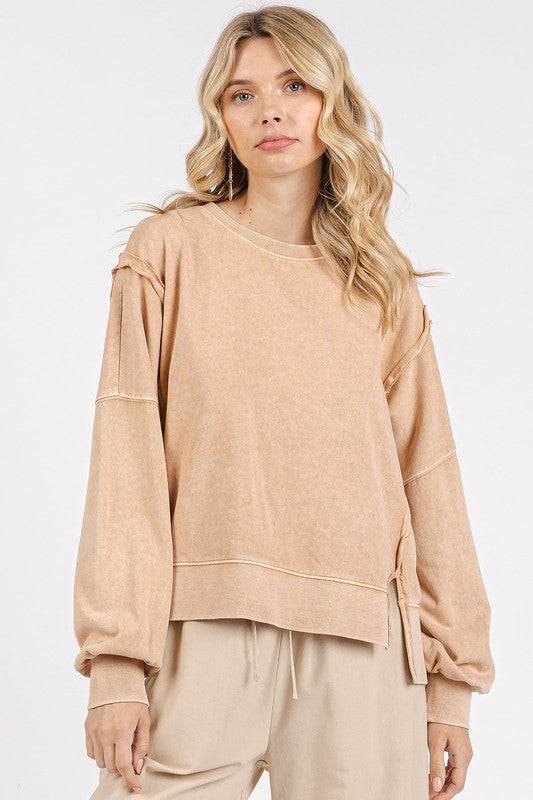 Mittoshop Side Slit Exposed Seam Round Neck Sweatshirt - Hovatok