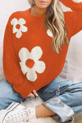 Round Neck Floral Pattern Color Contrast Design Long Sleeve Sweater - Hovatok