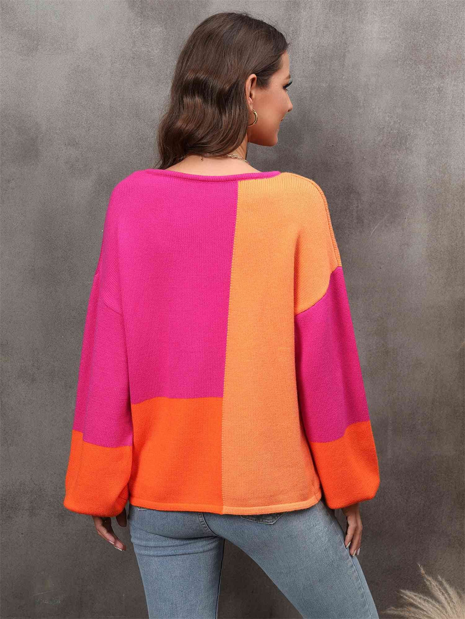 Angel Wings Color Block Round Neck Dropped Shoulder Sweater - Hovatok