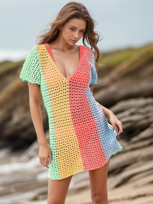 Openwork Color Block V-Neck Short Sleeve Cover-Up - Hovatok
