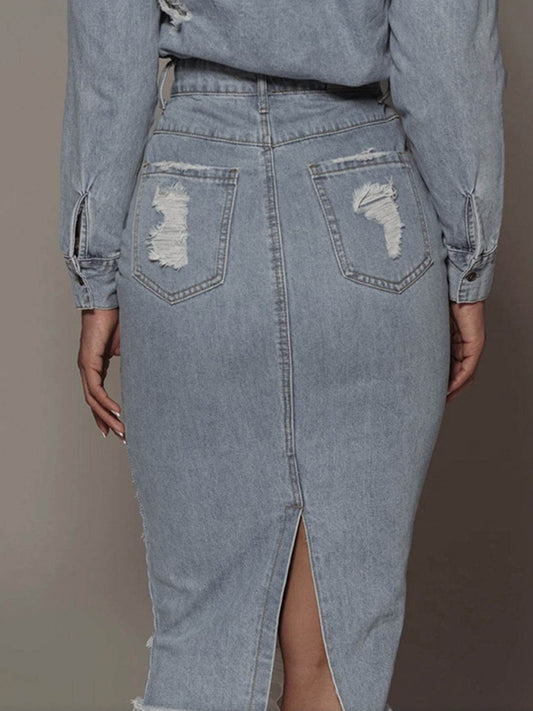 Distressed Slit Denim Skirt - Hovatok