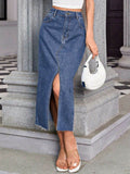 Slit Midi Denim Skirt with Pockets - Hovatok