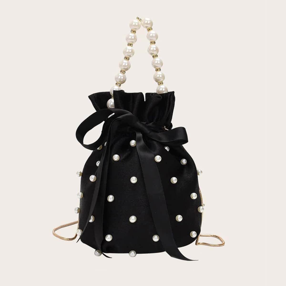 Pearl Detail Solid Color Bucket Bag - Hovatok