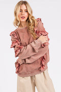 Mittoshop Ruffled Mineral Washed Round Neck Long Sleeve Sweatshirt - Hovatok