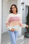 Angel Wings Waffle-Knit Round Neck Dropped Shoulder Color Block Sweater - Hovatok