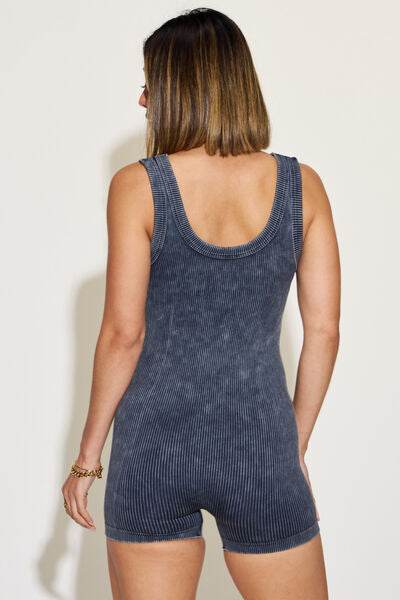 Zenana Ribbed Washed Round Neck Sleeveless Romper - Hovatok