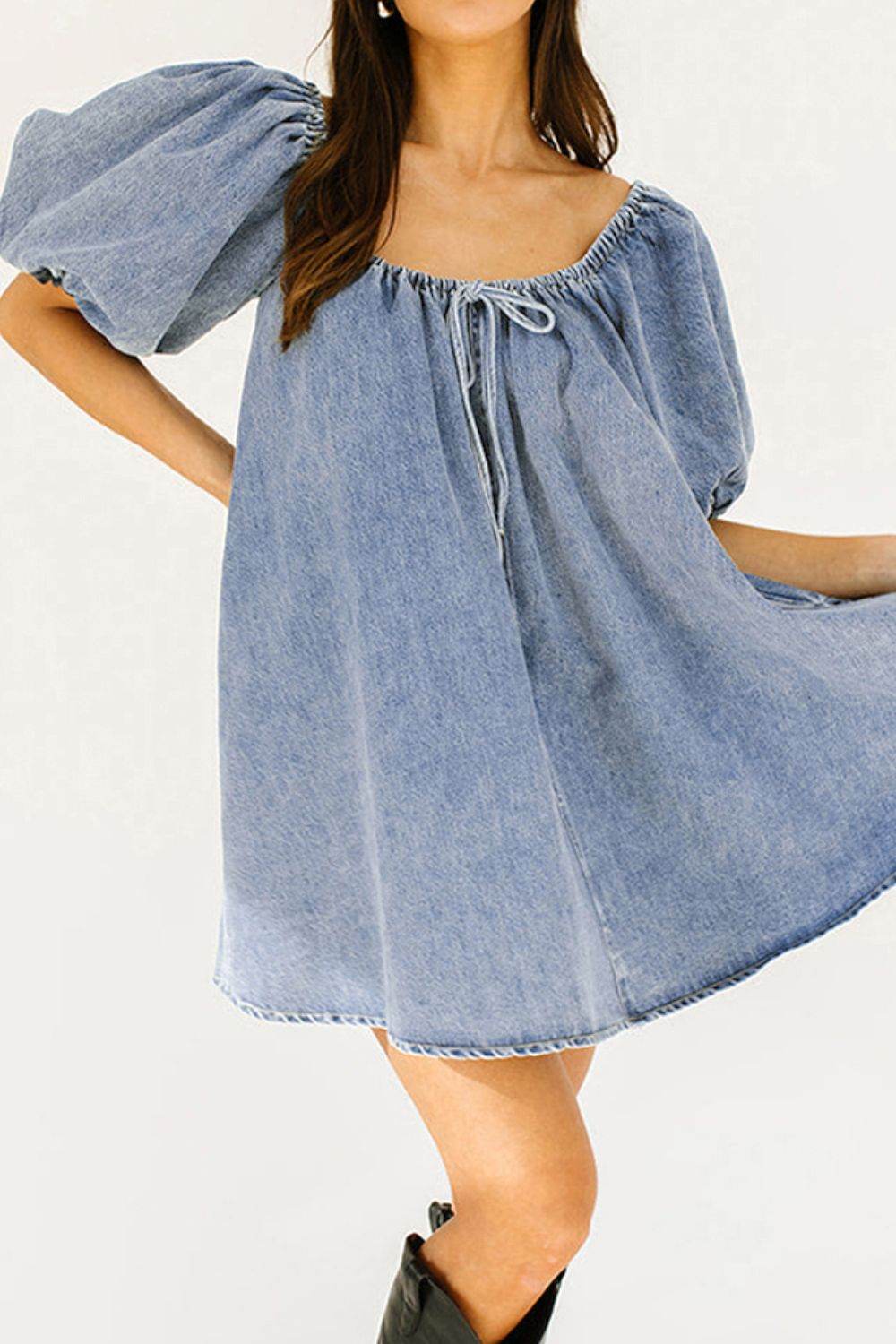 Bubble Sleeve Square Neck Denim Babydoll Dress - Hovatok