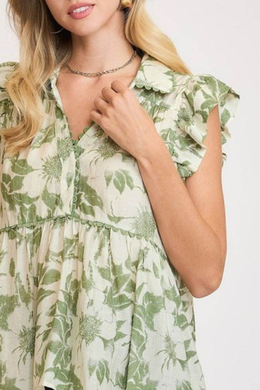Umgee Full Size Botanical Print Babydoll Top Plus Size - Hovatok