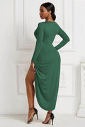 High-low Ruched Surplice Long Sleeve Dress - Hovatok
