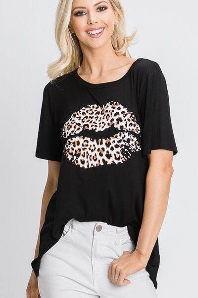 Heimish Full Size Leopard Lip Round Neck Short Sleeve T-Shirt Plus Size - Hovatok