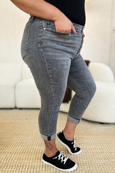 Judy Blue Full Size Button Fly High Waist Cuffed Capris - Hovatok