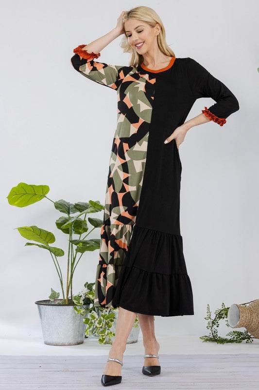Celeste Full Size Color Block Midi Dress Plus Size - Hovatok