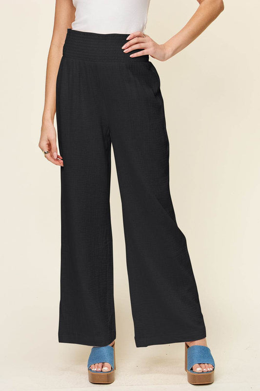 Double Take Full Size Texture Smocked Waist Wide Leg Pants - Hovatok