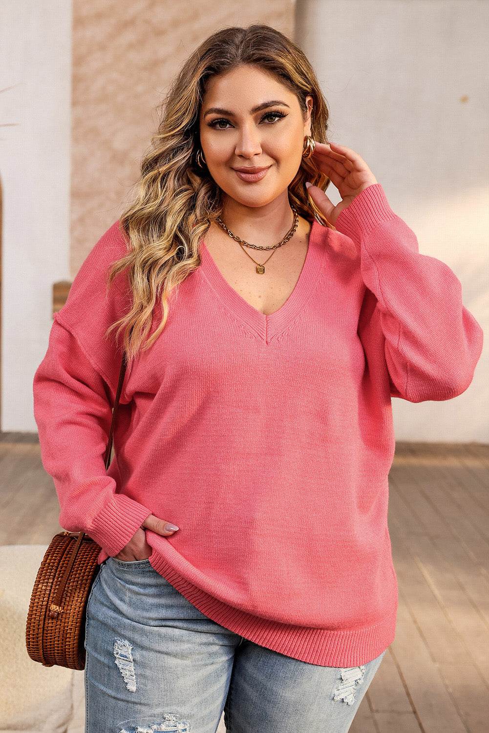 Plus Size V-Neck Dropped Shoulder Sweater - Hovatok