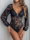 Perfee Lace V-Neck Long Sleeve Bodysuit - Hovatok
